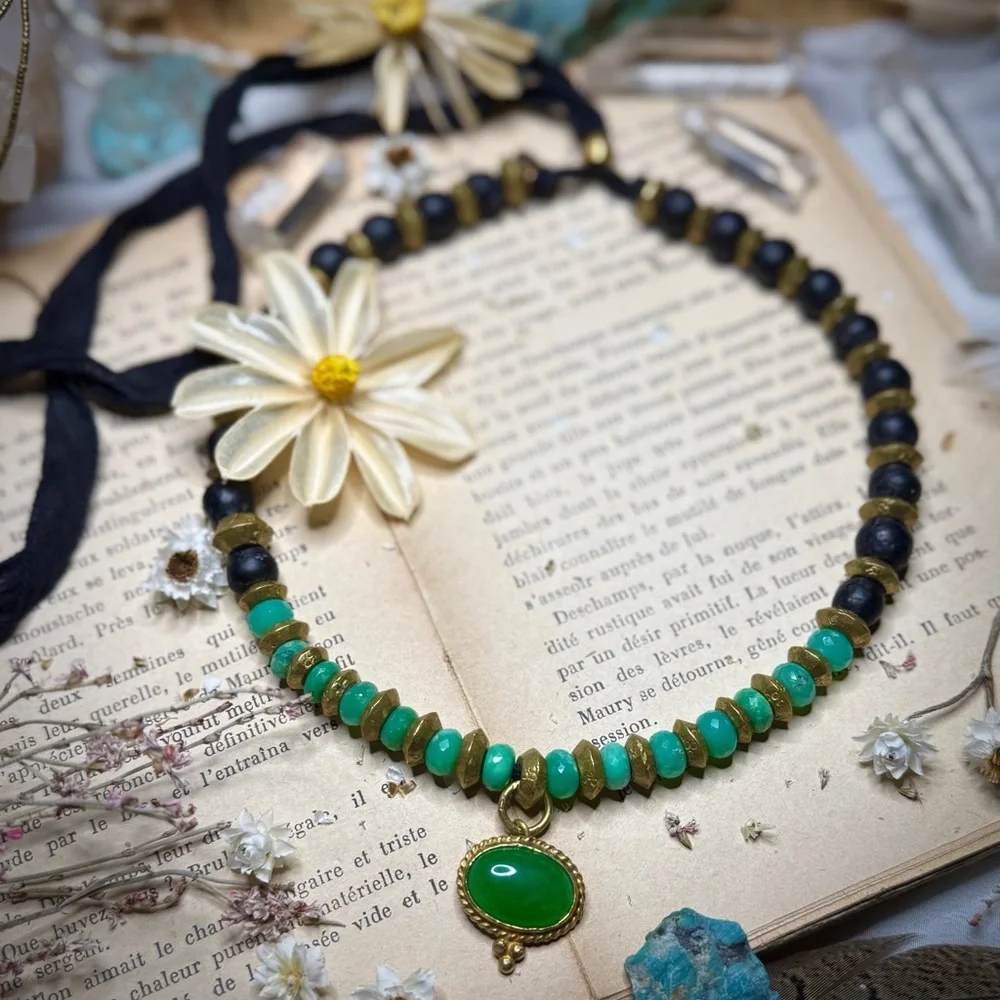 Artisan Silk Strung Chrysoprase 24k Gold Plated Jade Pendant Adjustable Choker